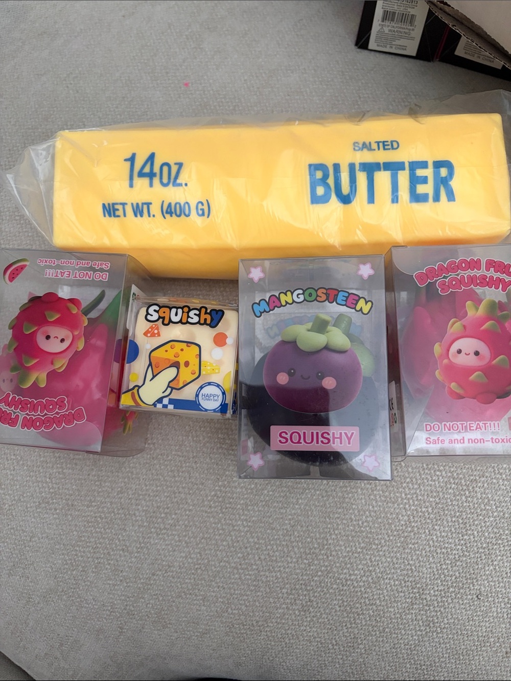 4 crunchy squishys and a butter